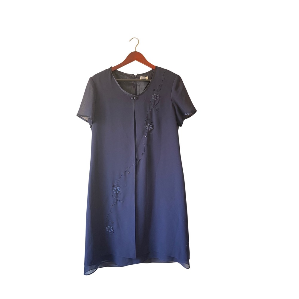 Vintage Liz Baker Navy Blue Floral Embroidered Sheer Overlay Shift Dress Size 10